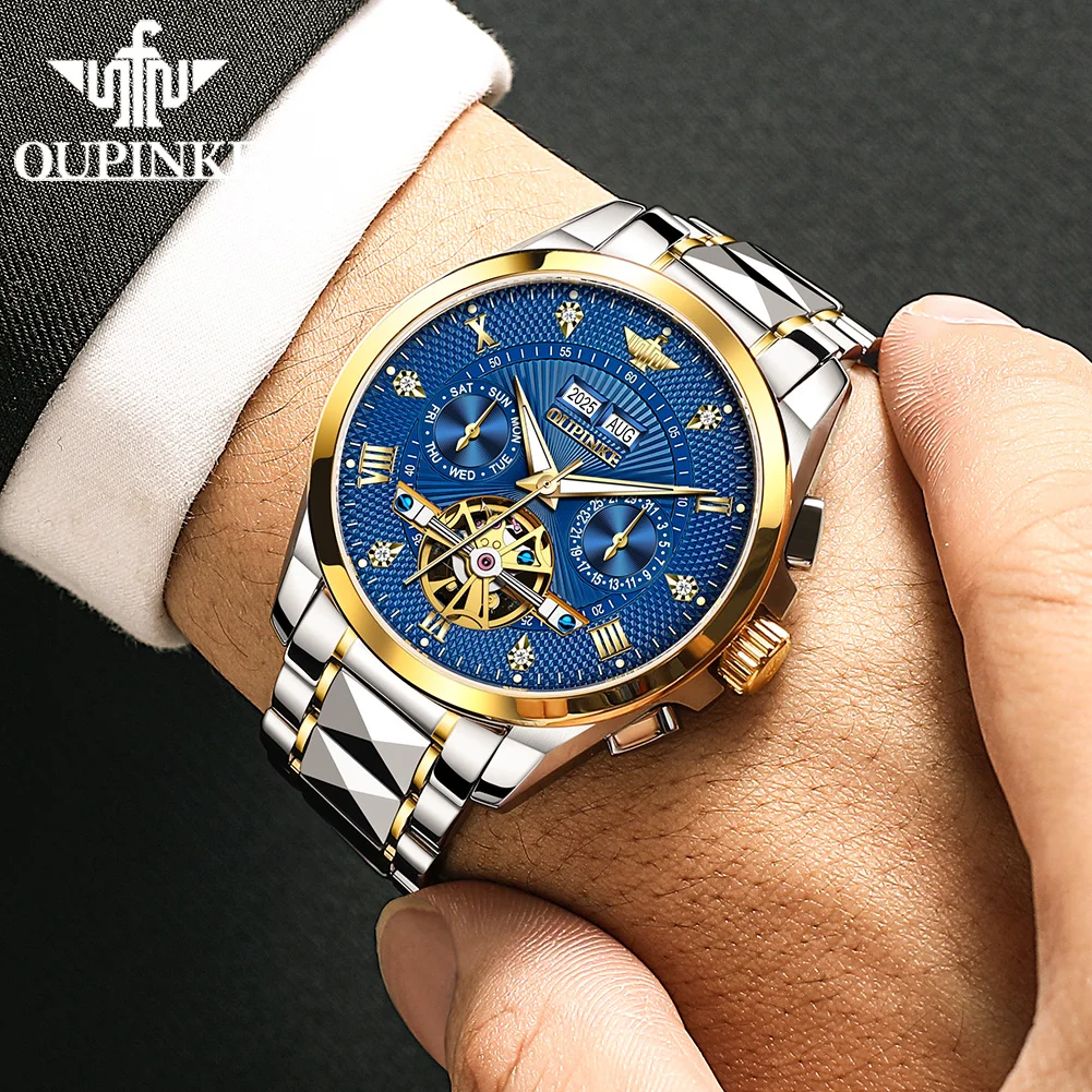 OUPINKE 3270 Automatisch mechanisch herenhorloge Wolfraam stalen band Multifunctioneel Datum Waterdicht Lichtgevend herenpolshorloge