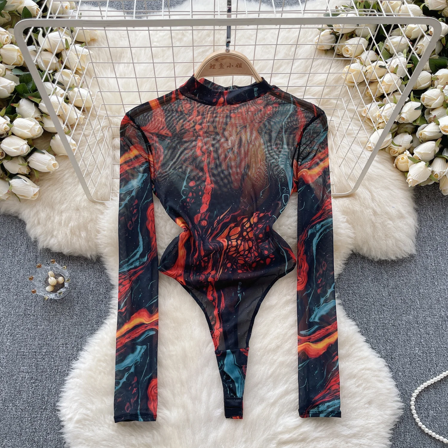 Sexy See Through Mesh Printed Bodysuits for Women Fashion Summer Round Neck Long Sleeve Skinny Fit Stretch Club Party Body Top