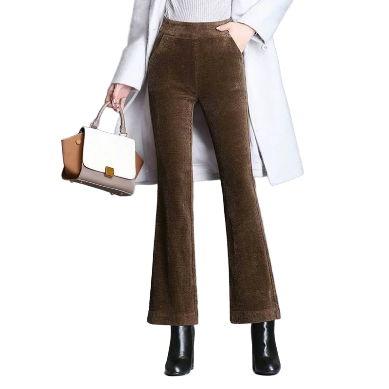 Simplicity Fashion Autumn Winter Corduroy Flare Pants Women Solid Pocket Elastic High Waist Plus Velvet Straight Casual Trousers