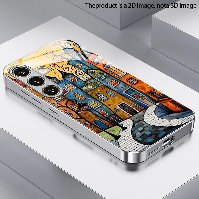 Fantasy Town Pattern 2D Phone Case for Samsung S26 S25 S24 S23 S22 S21 S20 A56 A36 A16 - Electroplated Glass Protective Cover