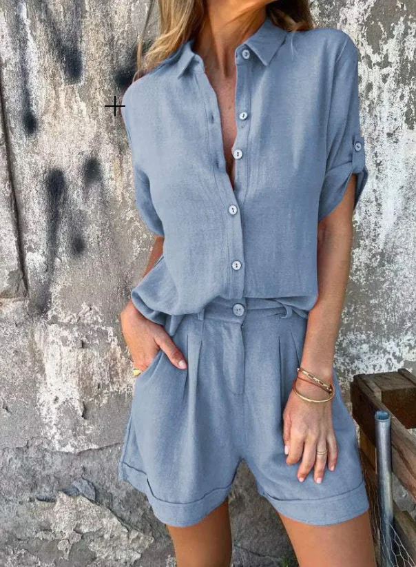 Casual Commuter 2 Piece Set Loose Lapel Half Sleeved Single Breasted Shirt High Waist Shorts Set Summer Fashion Solid Color Suit