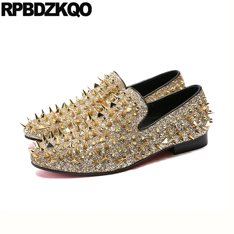 

Rivet Slip On Flats Glitter Loafers 46 Men Cow Skin Shoes Metal Sparkling Spike Bling Stud Sequin Plus Size Paillette Sparkly