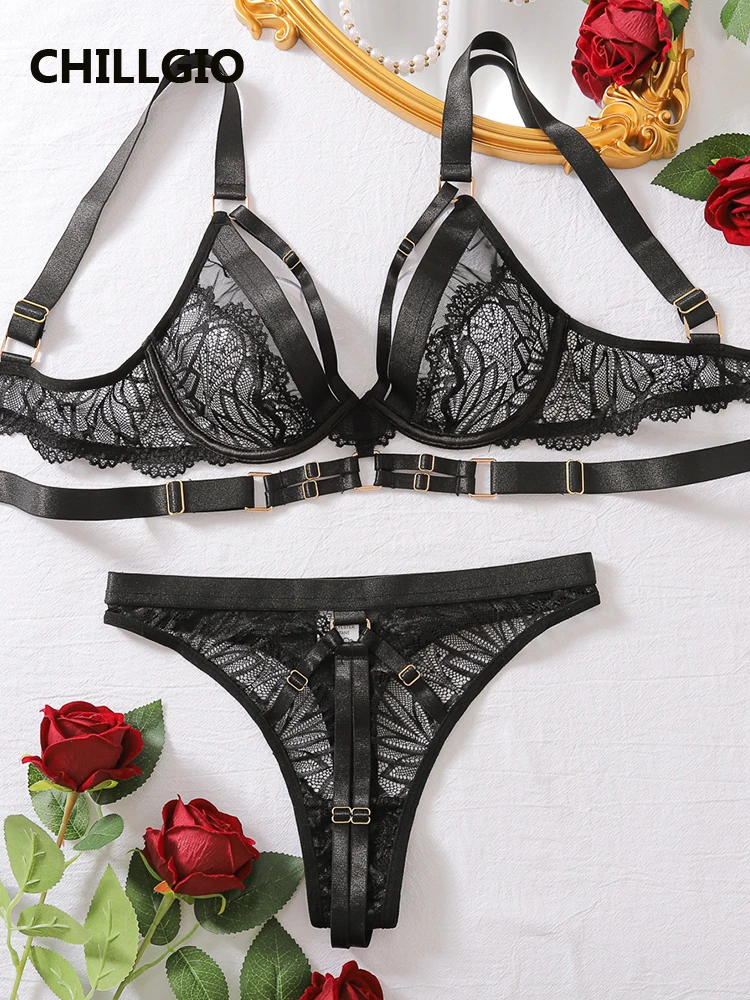 

CHILLGIO Women Lace Push Up Bra Brief Suits Sexy Transparent Intimate Bra Underpants Skinny Fashion Two Piece Lace Underwear Set