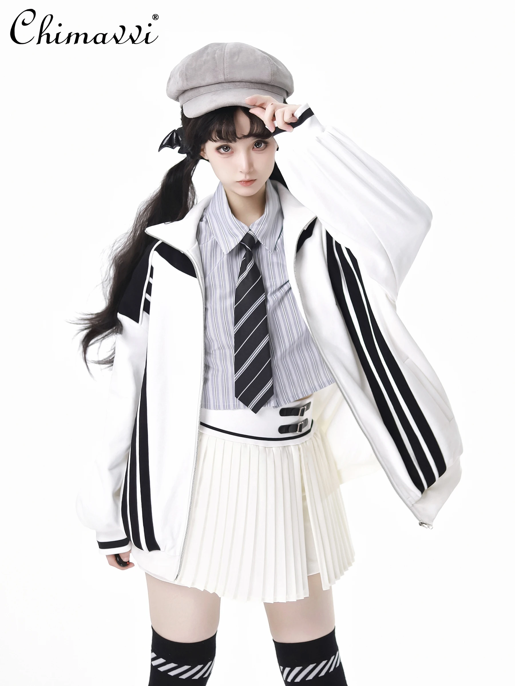 White Sports Suit Preppy Style Lapel Collar Short Sweater Buckle Pleated Skirt Hot Girl Two-piece Set Women Outfits Autumn New