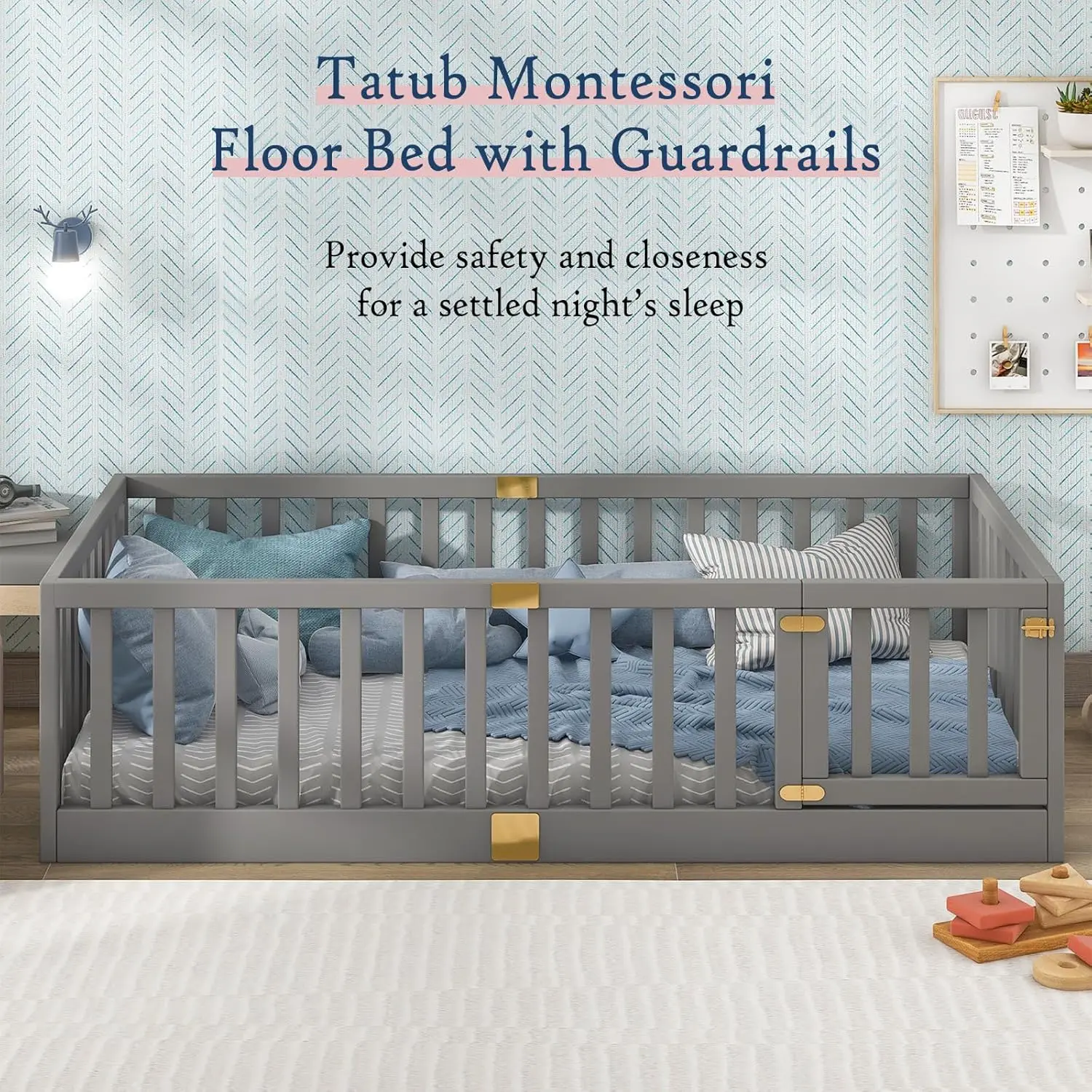 Montessori Twin Floor Bed with Safety Guardrails Door Installs Left or Right Grey Wood Frame Bidirectional Design