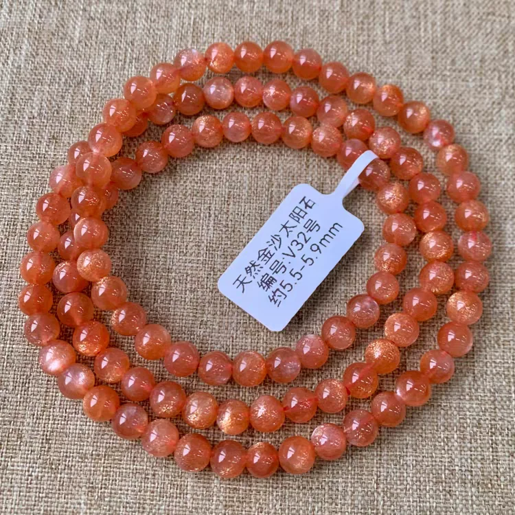 Natural Orange Sunstone Moonstone Quartz Bracelet 3 Laps 5.5-5.9mm Clear Abacus Beads Women Men Flash Bangle AAAAAA
