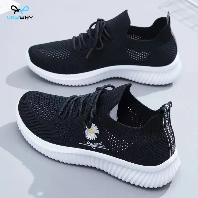 Women's Flying Weaving Little White Coconut Single Shoes for Leisure Sports Running Trendy Shoes Lace Up Mesh Sneakers