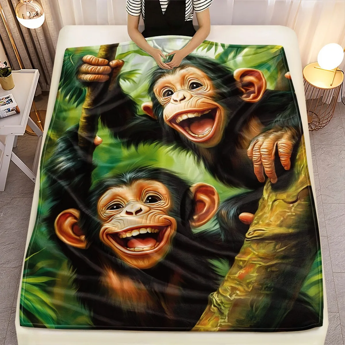 Happy monkeys jungle tree artwork blanket flannel animal print kids room decor fun throw blanket