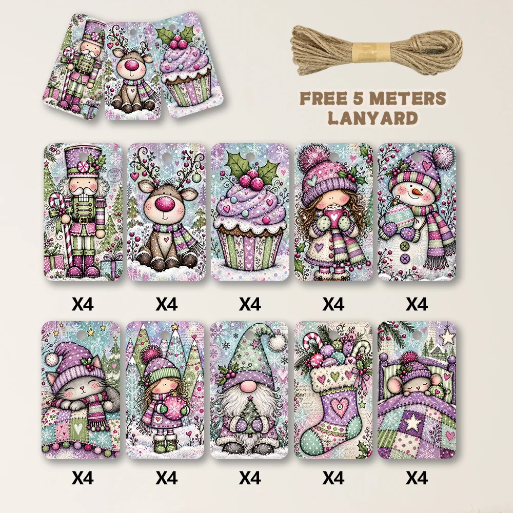 40pcs, Gift Tags, Purple Pink Cute Cartoon Art, Hanging Paper Labels for Gift Wrapping, Holiday Party Decor with String