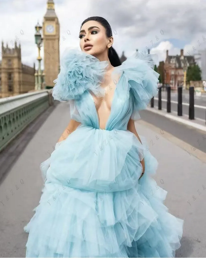 Dreamlike céu azul longo tule vestidos femininos para sessões de fotos em camadas extra exuberante vestido de noiva em camadas sem costas maxi vestido