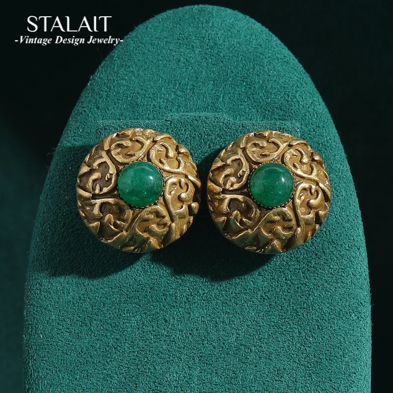 

Vintage Antique Jade Studs Green Earrings Gold Color Flower Luxury Jewelry Brand Woman Natural Charm Accessories New Trends 2025