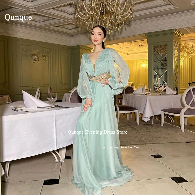 Qunque Long Sleeves Exposed Prom Dresses A-line Beadings Vestidos De Noche Customized Organza Mint Green V-neck Evening Dresses