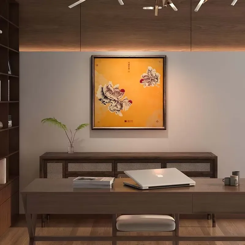 Elegant Goldfish Brass Wall Art Genuine Materials Solid Wood Vintage Frame Rectangle Contemporary Design Office Study