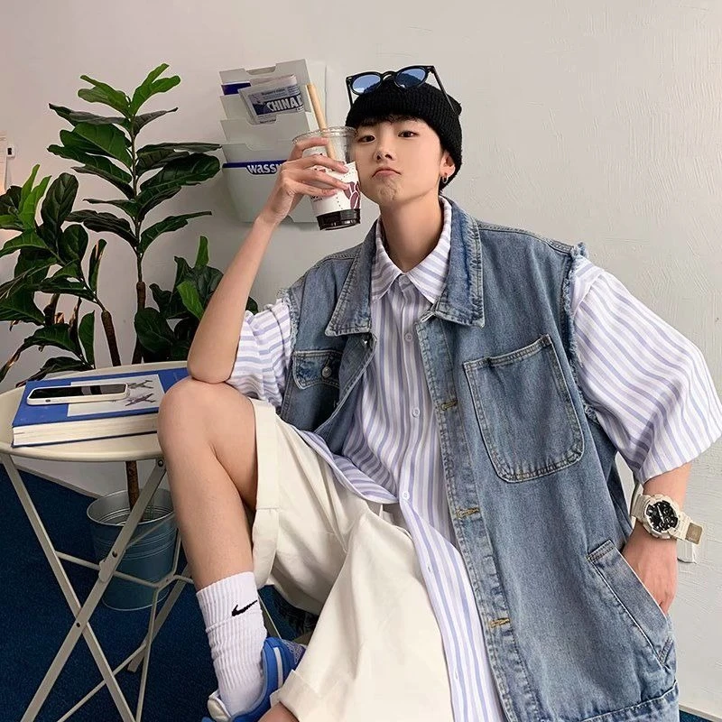 Unisexowa kamizelka jeansowa na lato 2025, must-have streetwear, postarzana kurtka bez rękawów dla chłopców i dziewcząt. ​