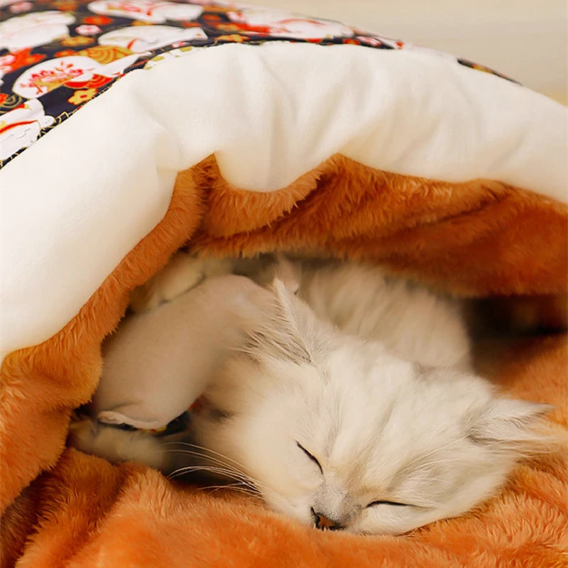 Cueva japonesa para dormir profundo para gatos y perros, saco de dormir cálido, casa extraíble para mascotas, cojín nido con almohada, invierno