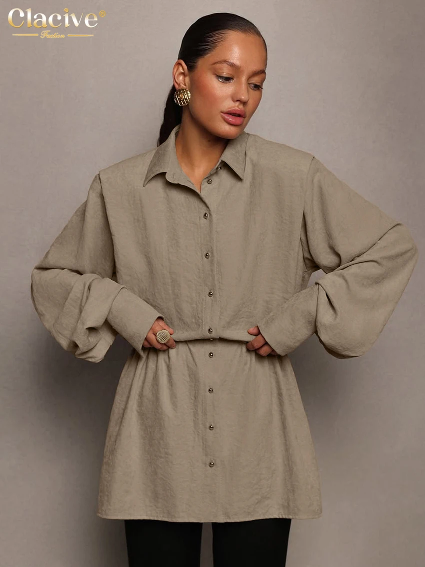 Clacive Fashion Loose Khaki Office Women's Blouse 2025 Casual Lapel Long Sleeve Shirt Elegant Classic Solid Tops Female Clothing