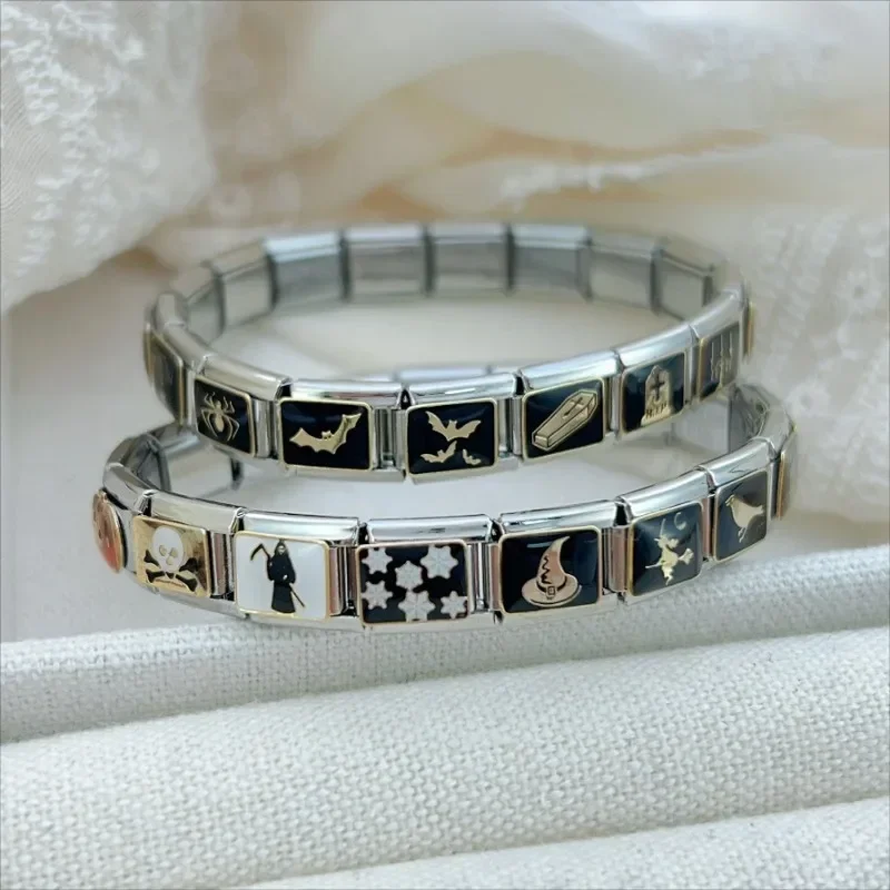 2025 Women Fashions Halloween Dark Gothic Elastic Italian Charm Links Fit 9mm Stainless Steel Modular Bracelet Making Jewelry
