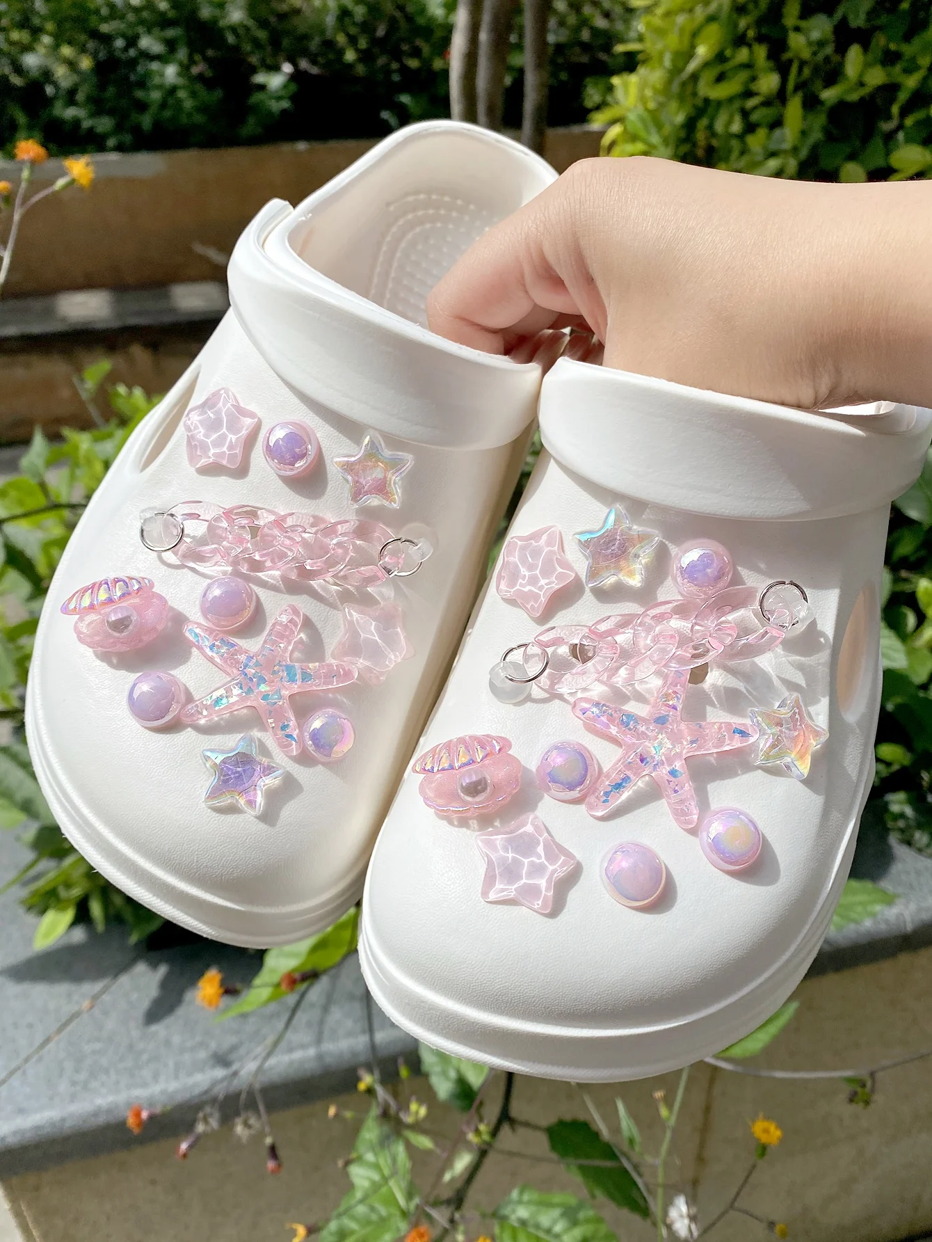 

22 штуки розовой цепочки, морская звезда с блестками, жемчужная ракушка из АБС-пластика, пряжка для обуви со звездами и водной рябью, аксессуары «сделай сам», подходит для женщин