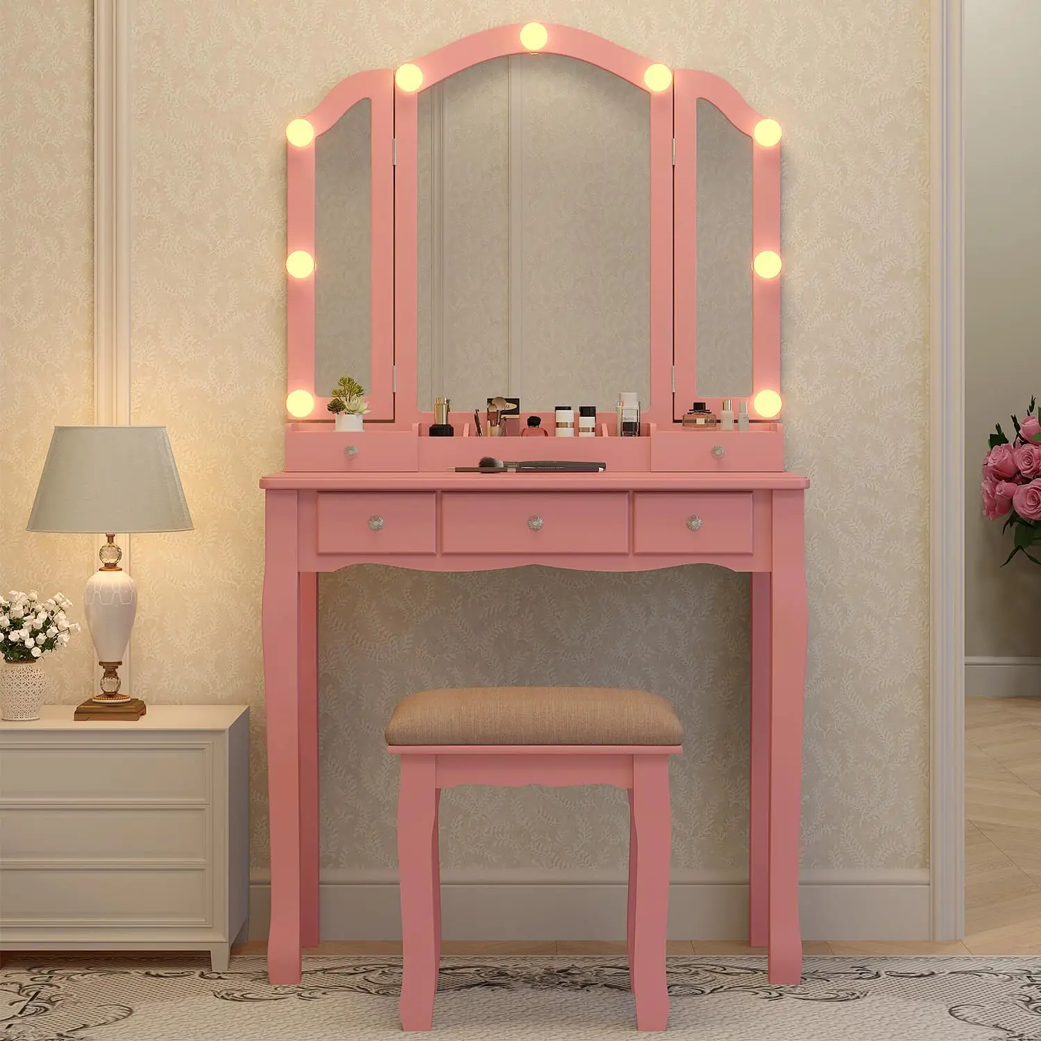 

Розовый туалетный столик для макияжа со светодиодной подсветкой для зеркала и ящиками для туалетного столика для детской спальни