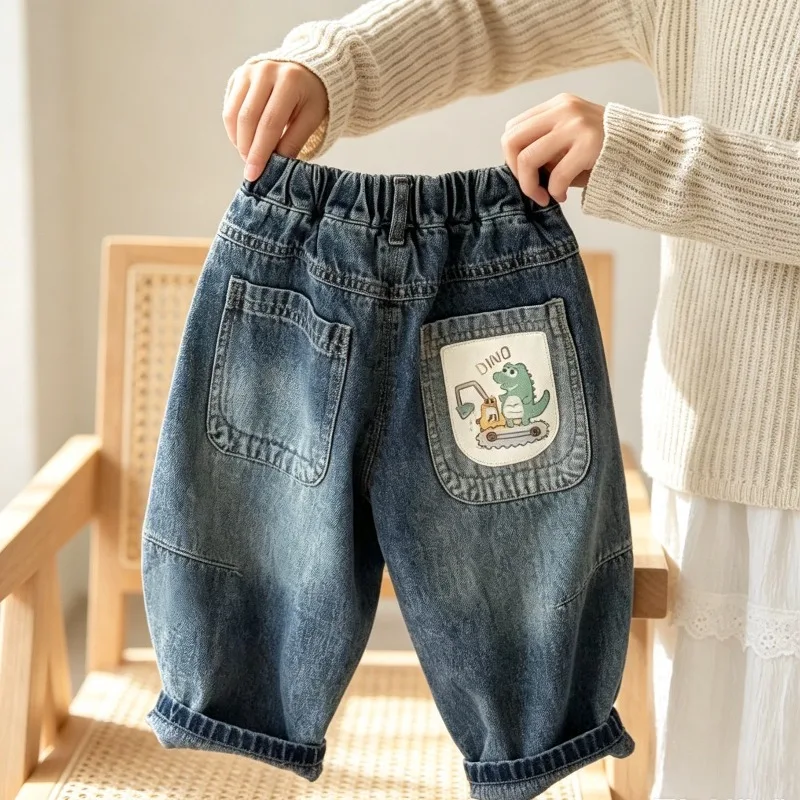 2026 Children Boys Jeans RAISE Autumn 1-6Yrs Kids Boys Denim Pants Retro Dinosaur Printed Pocket Toddler Babys Boy Trousers