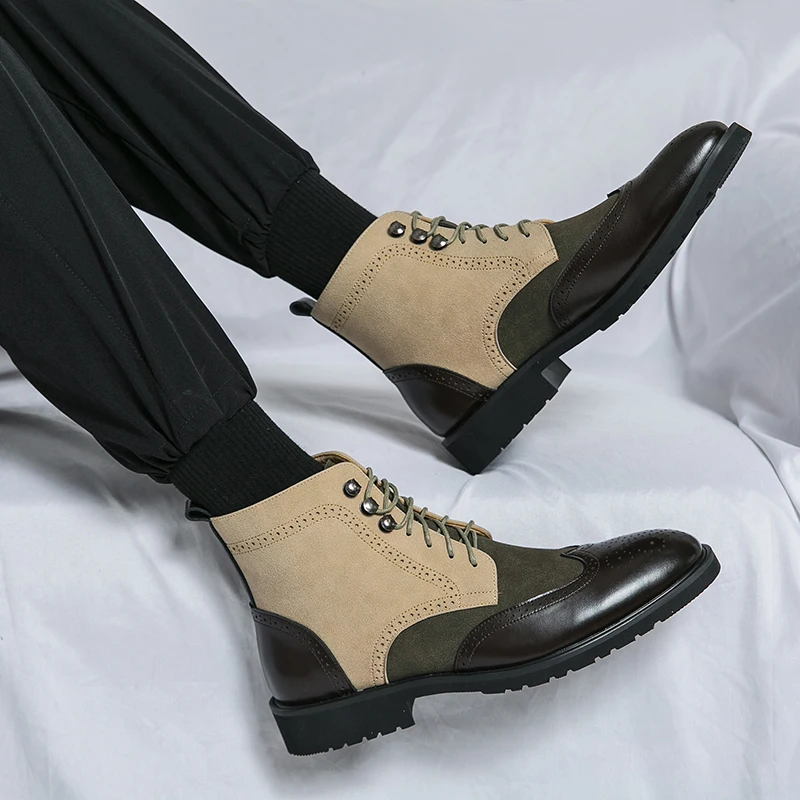 Fashion Men Short Boots Stitching Suede Leather Brogue Carving Classic Casual Ankle Boots Social Business Wedding Dress Shoes image 5
