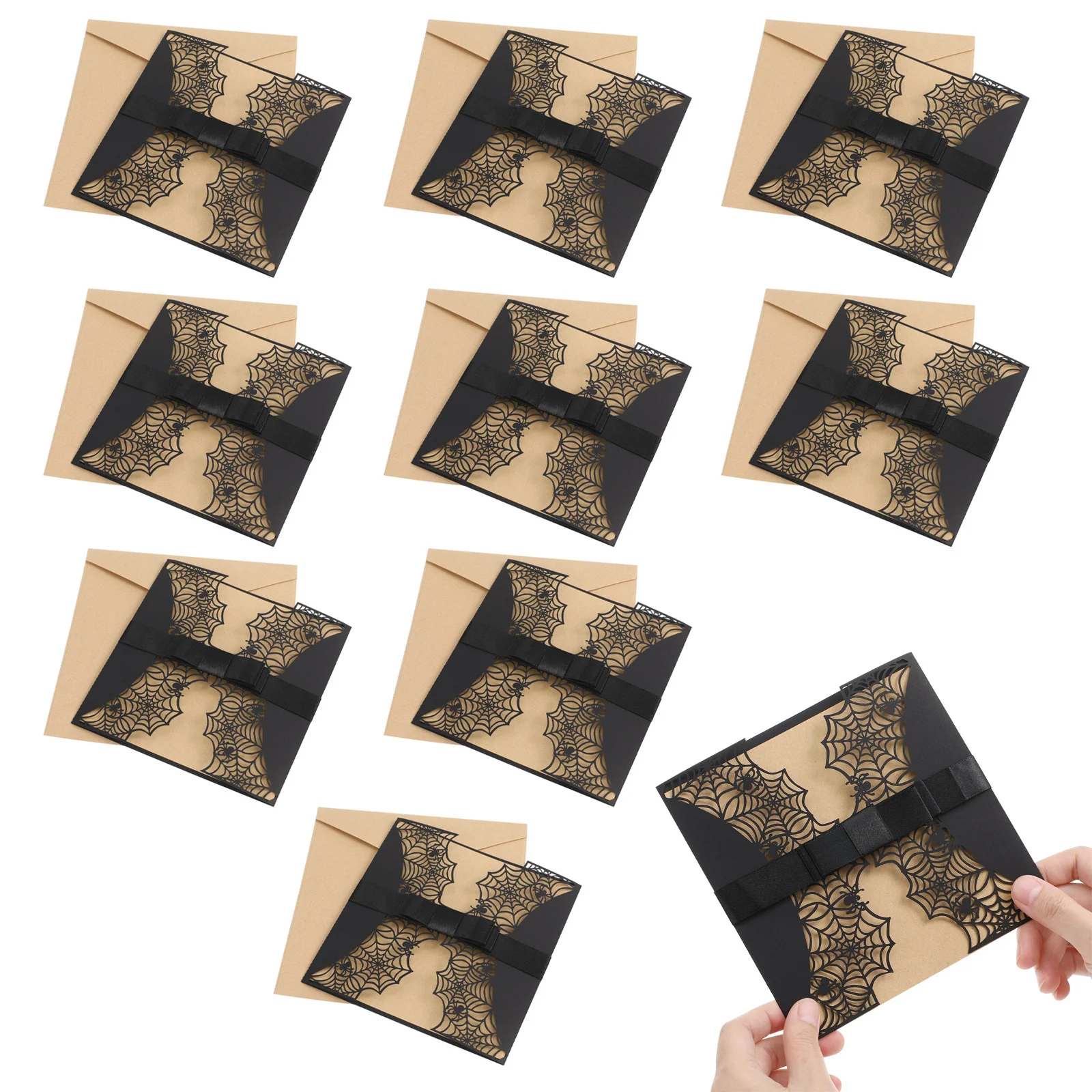 

10Pcs Halloween Invitations Hollow Spiderweb Design Horror Party Cards Black Bowknots Halloween Invitation Cards
