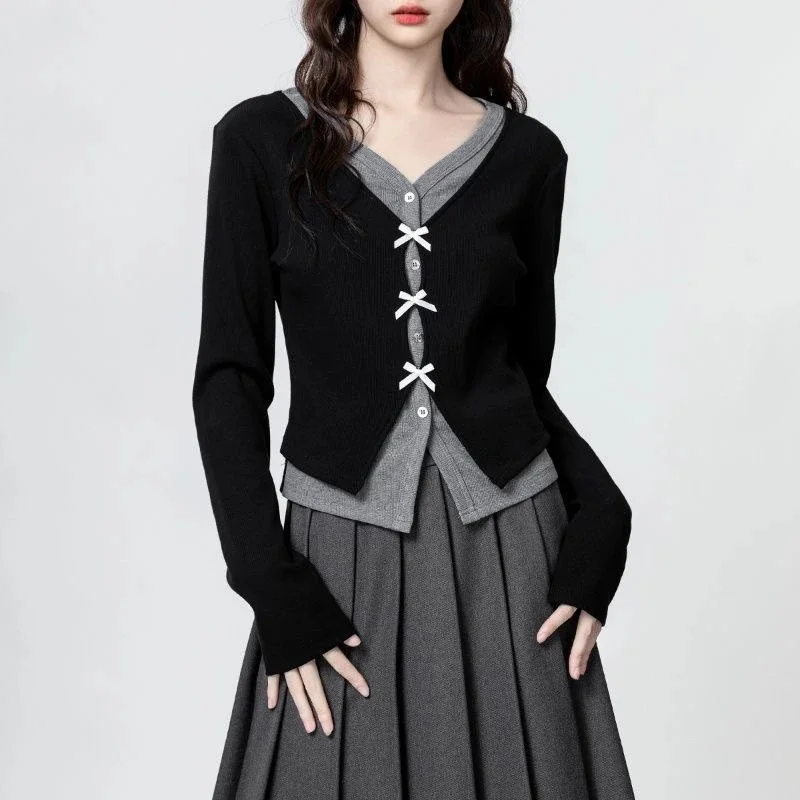 Spring Autumn Ladies High-end False Two-piece Bow Top Korean Female V Neck Casual T-shirt Women Fashion Solid Color Short Tshirt