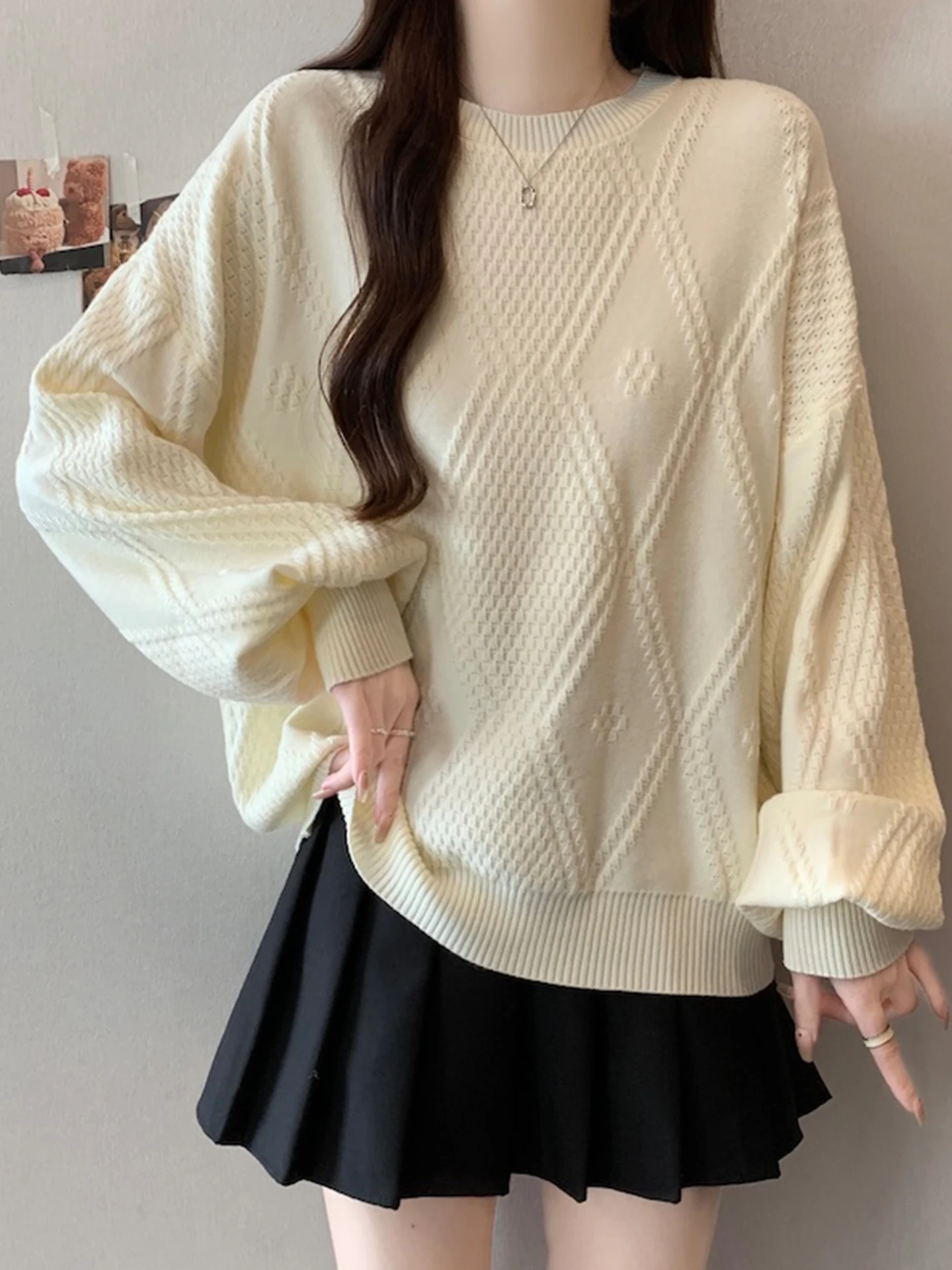 

Свободный уютный вязаный джемпер с круглым вырезом для женщин, осенне-зимний, больших размеров, мягкий, комфортный, дышащий, с длинными рукавами