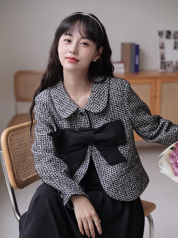 

Пальто из твидовой ткани Xiaohe Tangerine с воротником-стойкой, бантом и длинными рукавами, женская осенне-зимняя верхняя одежда в стиле Sweet Girl