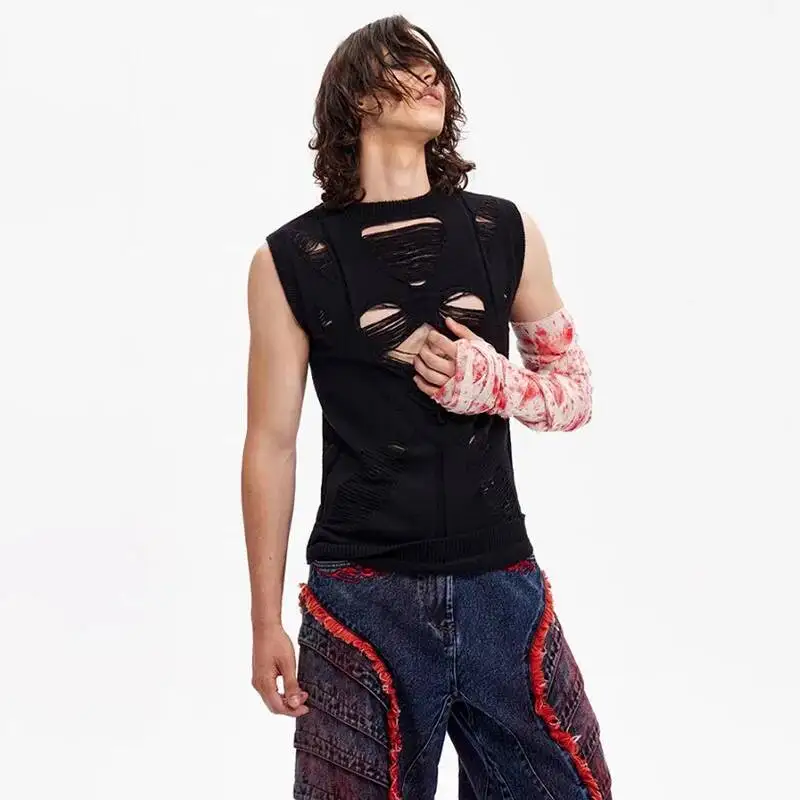 LUZHEN Design 2025 Hole Summer Broken Personalized Streetwear Trendy Sleeveless Knitted T-shirts Men's Plain Tank Tops JY7123
