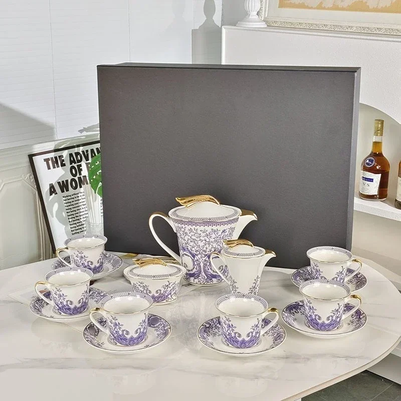 Light Luxury Style Blue Flower Series 15 Pieces Of Coffee Set Teapot Milk Can Sugar Can Cup And Saucer Exquisite Bone China Gift