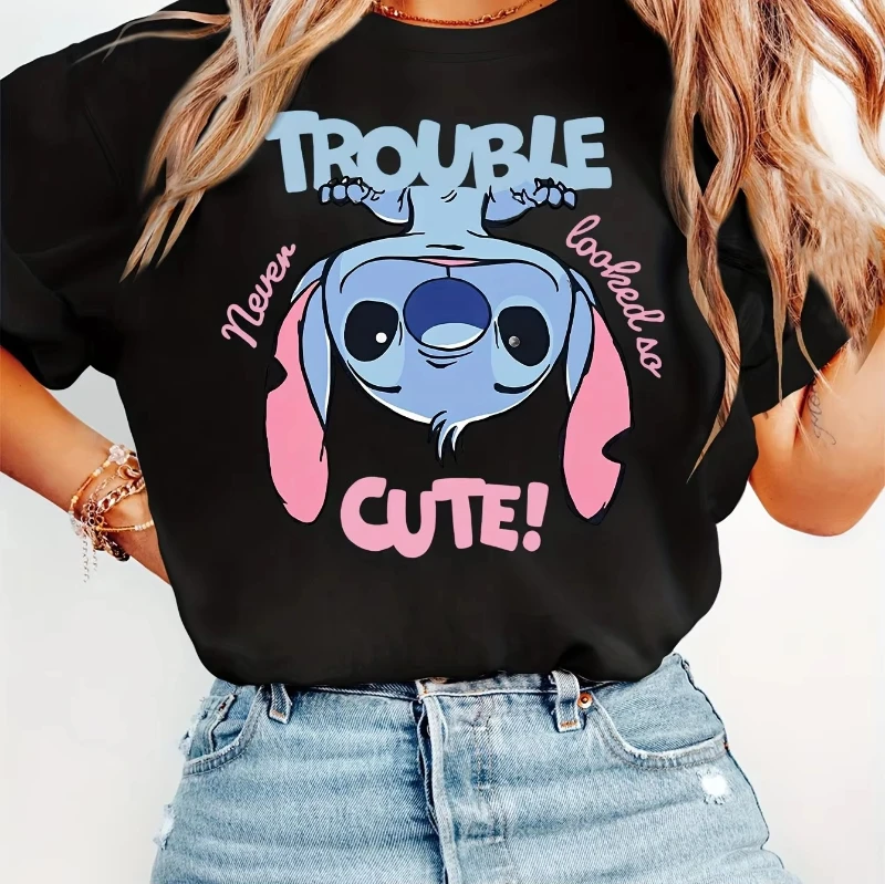 Disney Summer New Stitch Cute Inverted Printed T-shirt Sweet Cute Women Men Cartoon T-shirt Y2K Loose Casual Short Sleeved Top