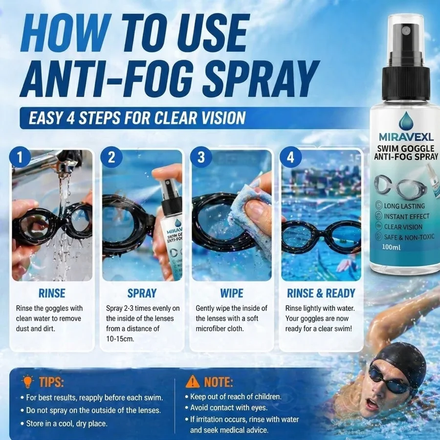 MIRAVEXL Swim Goggles Anti-Fog Spray Defogger Lens Cleaner for Diving Mask Swimming Glasses with Free Cleaning Cloth