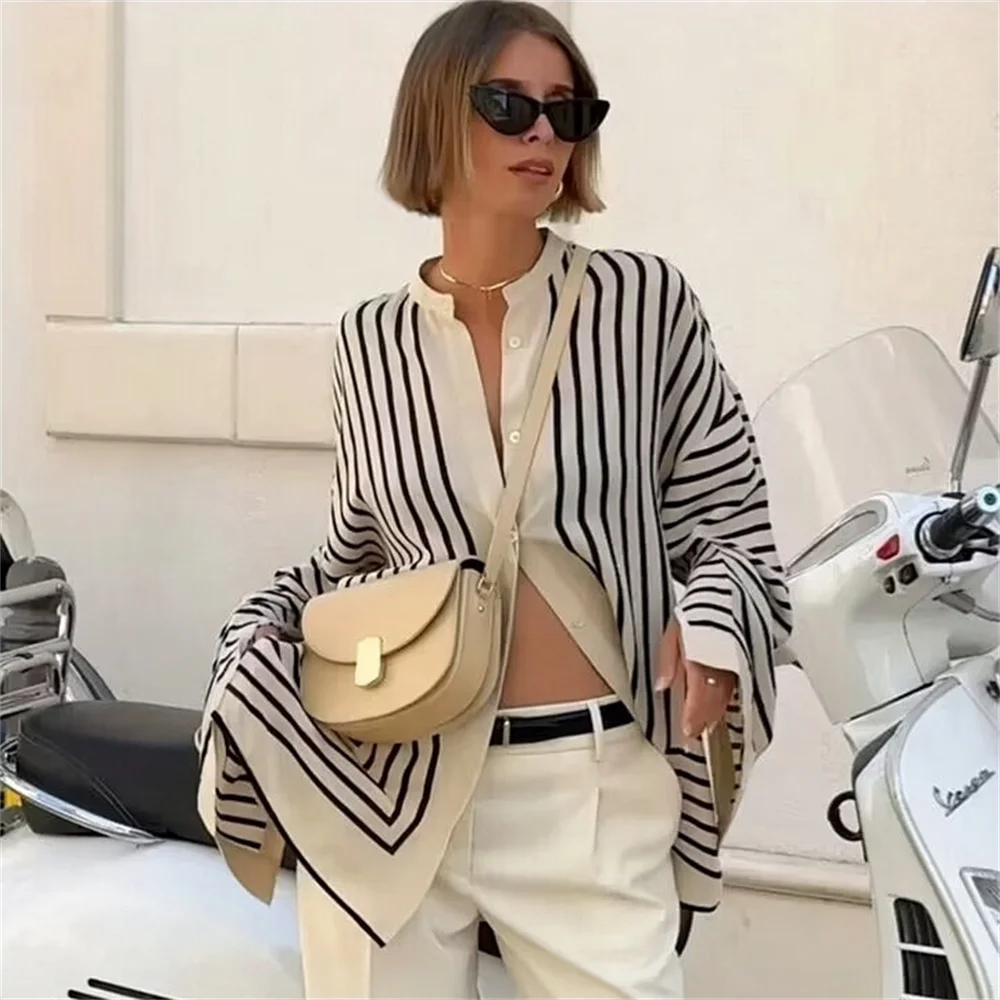 PB&ZA2024 autumn new women\'s clothing fashionable temperament casual loose and versatile striped printed round neck shirt