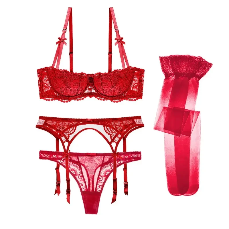 Plus Size Push Up Bra Set 4 pcs Bras+Panties+Garters+Stockings Sexy Christmas Style Half Cup Underwear