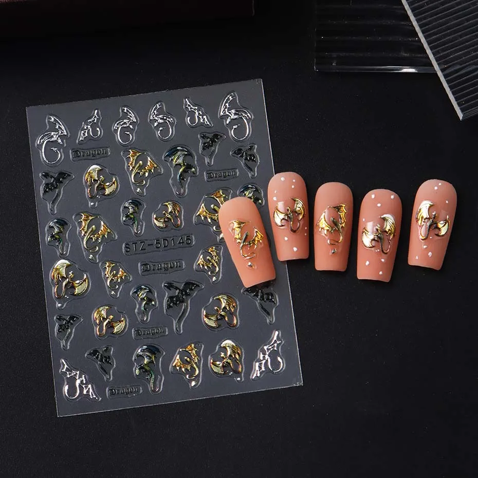 1/2 Stück 5D geprägte metallische bunte Drachen-Nagelaufkleber Schneeflocken selbstklebende DIY-Nagelaufkleber Sliders Maniküre-Dekorationen – Detail 8