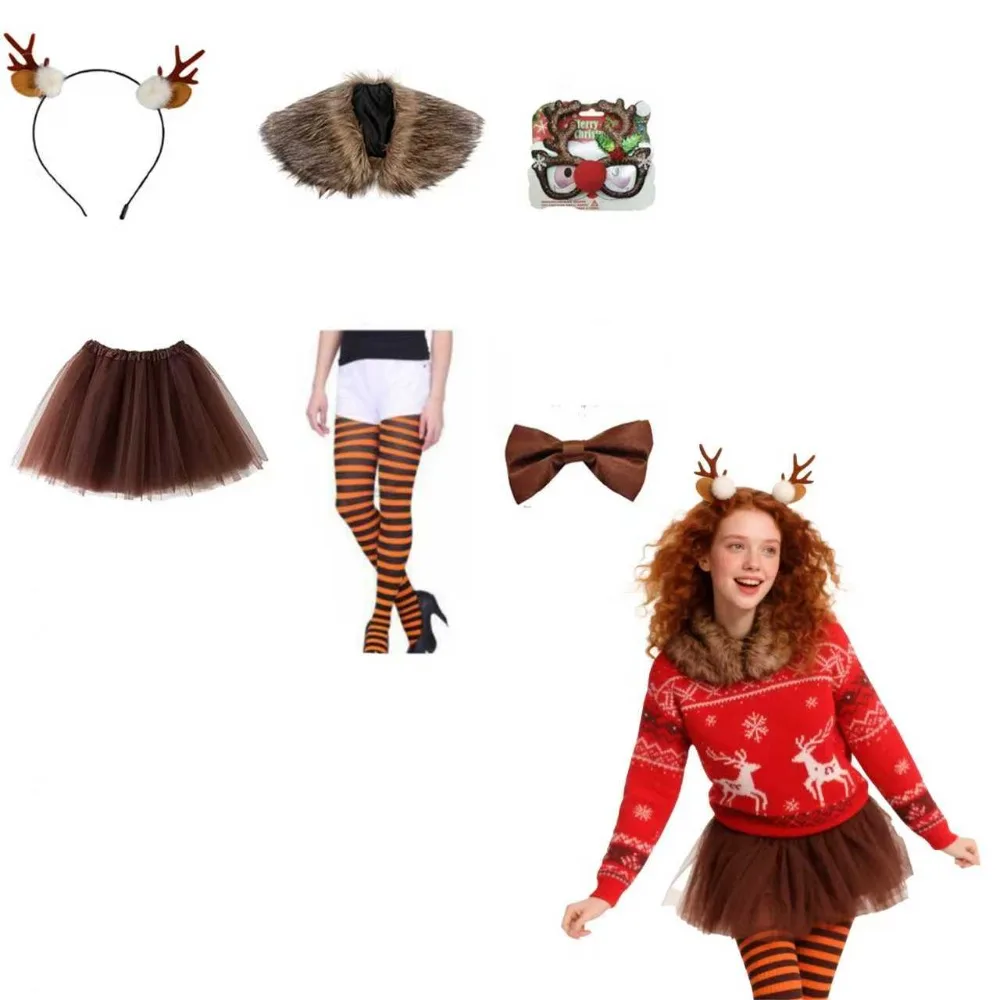 PESENAR Reindeer Costumes Accessory Set for Women Holiday & Halloween Outfit with Antler Headband, Hooded Reindeer Cape