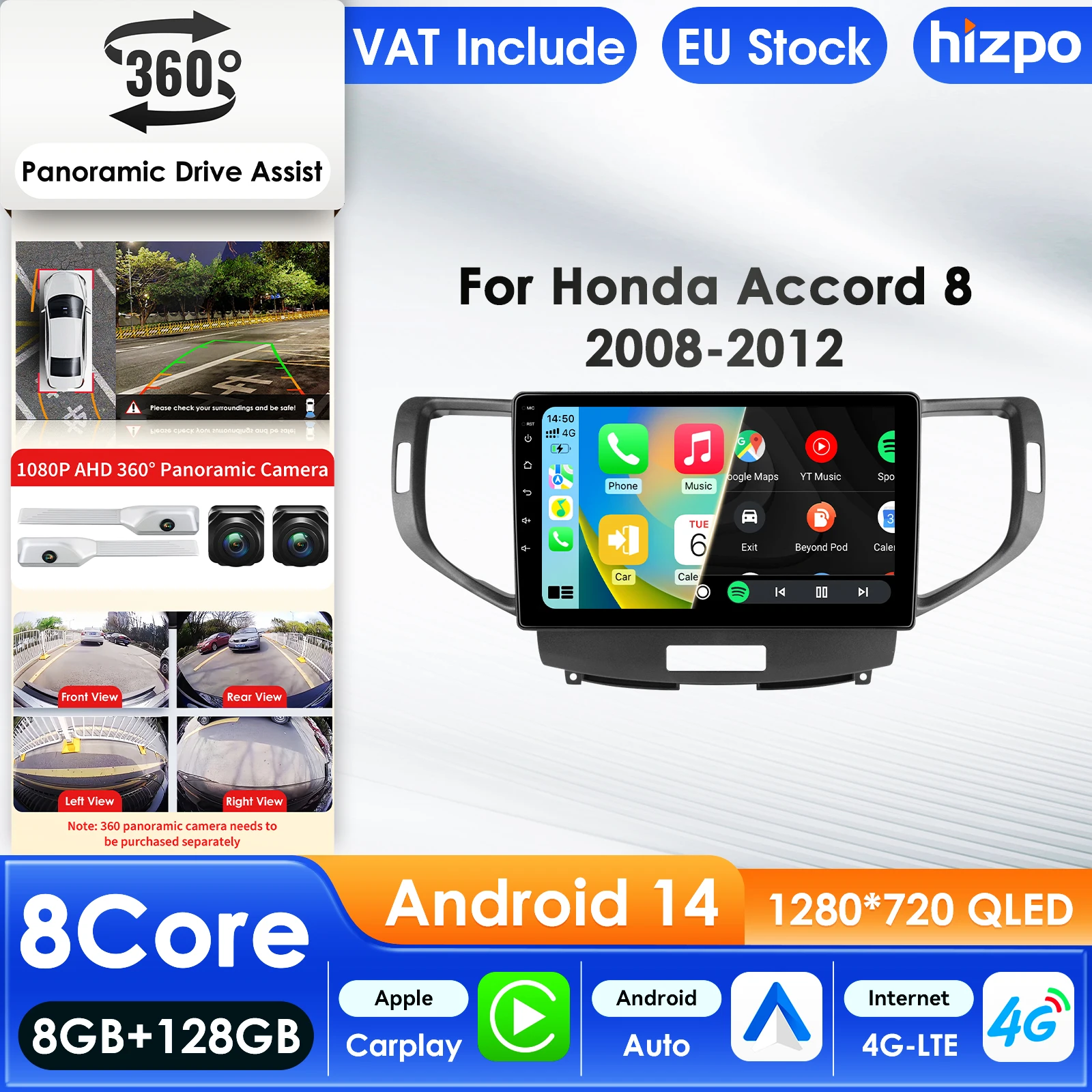 Hizpo Android14 Car Multimedia Player For Honda Accord 8 2008-2012 Spirior Accord Ⅷ 4G AI Intelligent Screen Autoradio 360Cam