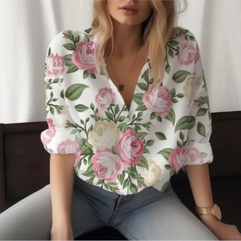 New long sleeved shirt with women's lapel buttons and floral print pattern fashionable street style shirt comfortable women'stop