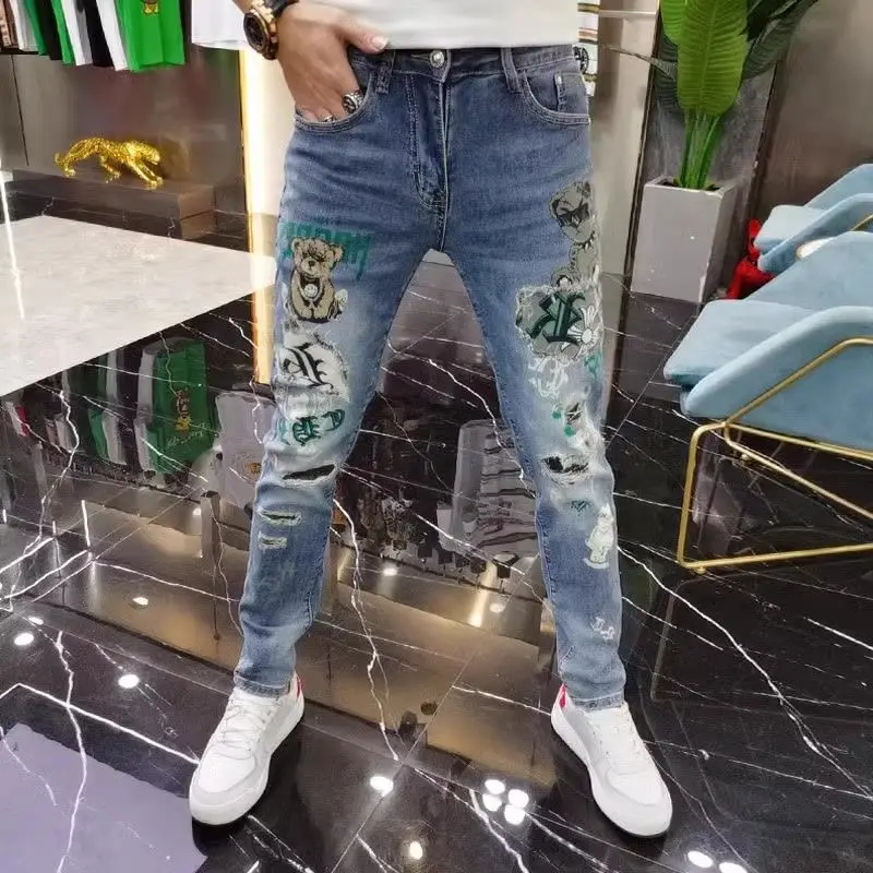 New Jeans Kpop Luxury Designer Clothes Korean Style Fashion Spring Autumn Denim Jeans Bear Printing Pants Men's Luxury Trousers