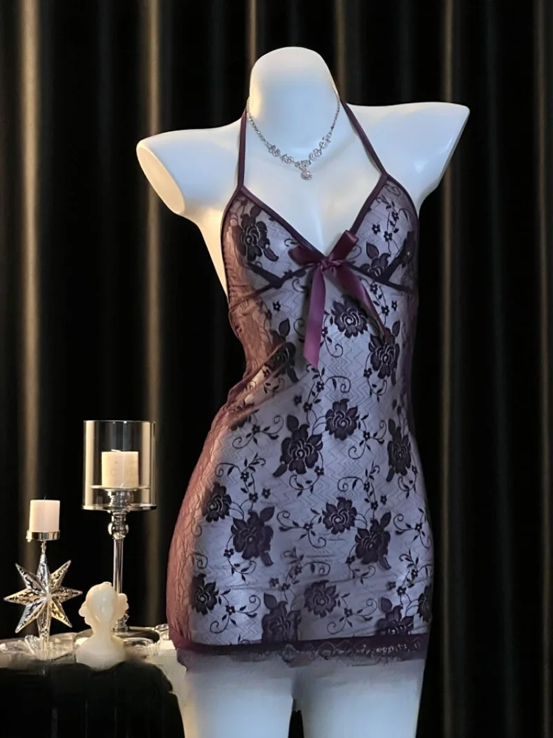 

Elegant Purple Lace See-through Nightdress for Women,Deep V-neck and Backless Design,Soft Silk Mesh Fabric,Romantic Sleepwear