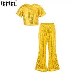 Kids Girls Shiny Metallic Jazz Hip Hop Dance Disco Rave Party Stage Performance Costume Short Sleeve Crop Top with Flared Pants