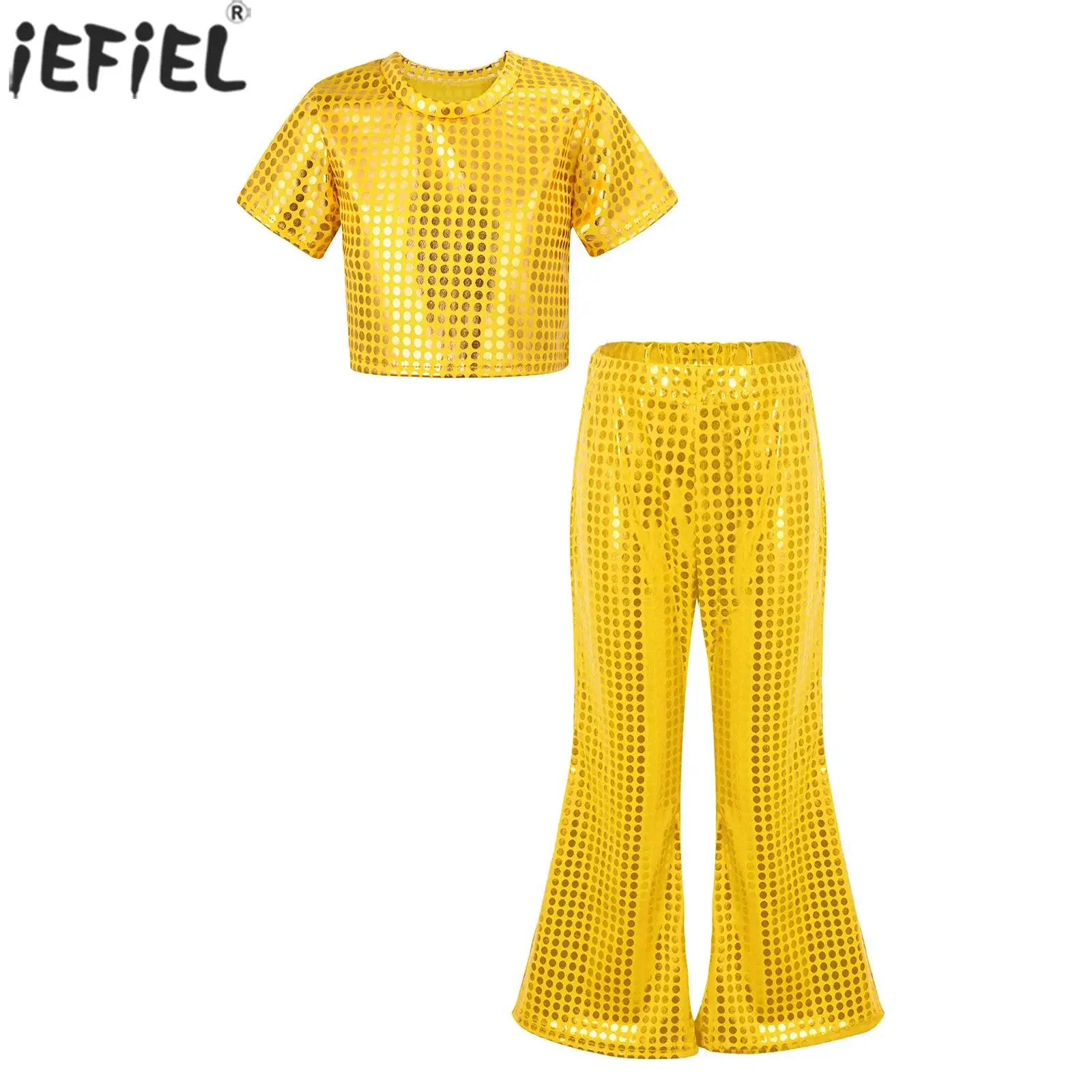 Kids Girls Shiny Metallic Jazz Hip Hop Dance Disco Rave Party Stage Performance Costume Short Sleeve Crop Top with Flared Pants