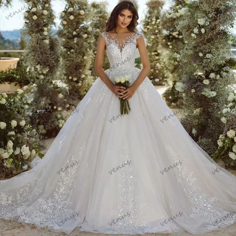 

Exquisite Wedding Dresses Luxury Bridal Gowns Lace Appliques Sleeveless Backless Robes Glamorous Vestidos De Novia Customized