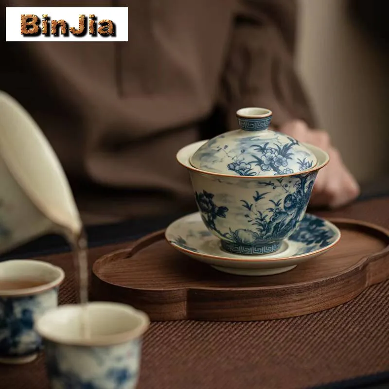 150 مللي العتيقة رو فرن الخزف Gaiwan الجمالية زهرة والطيور الحبر Sancai الشاي تورين صنع غطاء مجموعة أوعية جمع لوازم #5