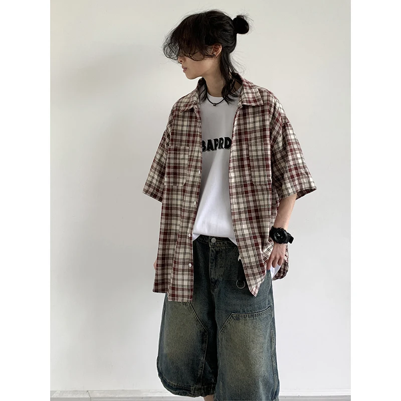 Summer Casual Set Men Women Vintage Plaid Half Sleeve Loose Shirt Street Wash Distressed Denim Shorts New Japanese Oversize Suit