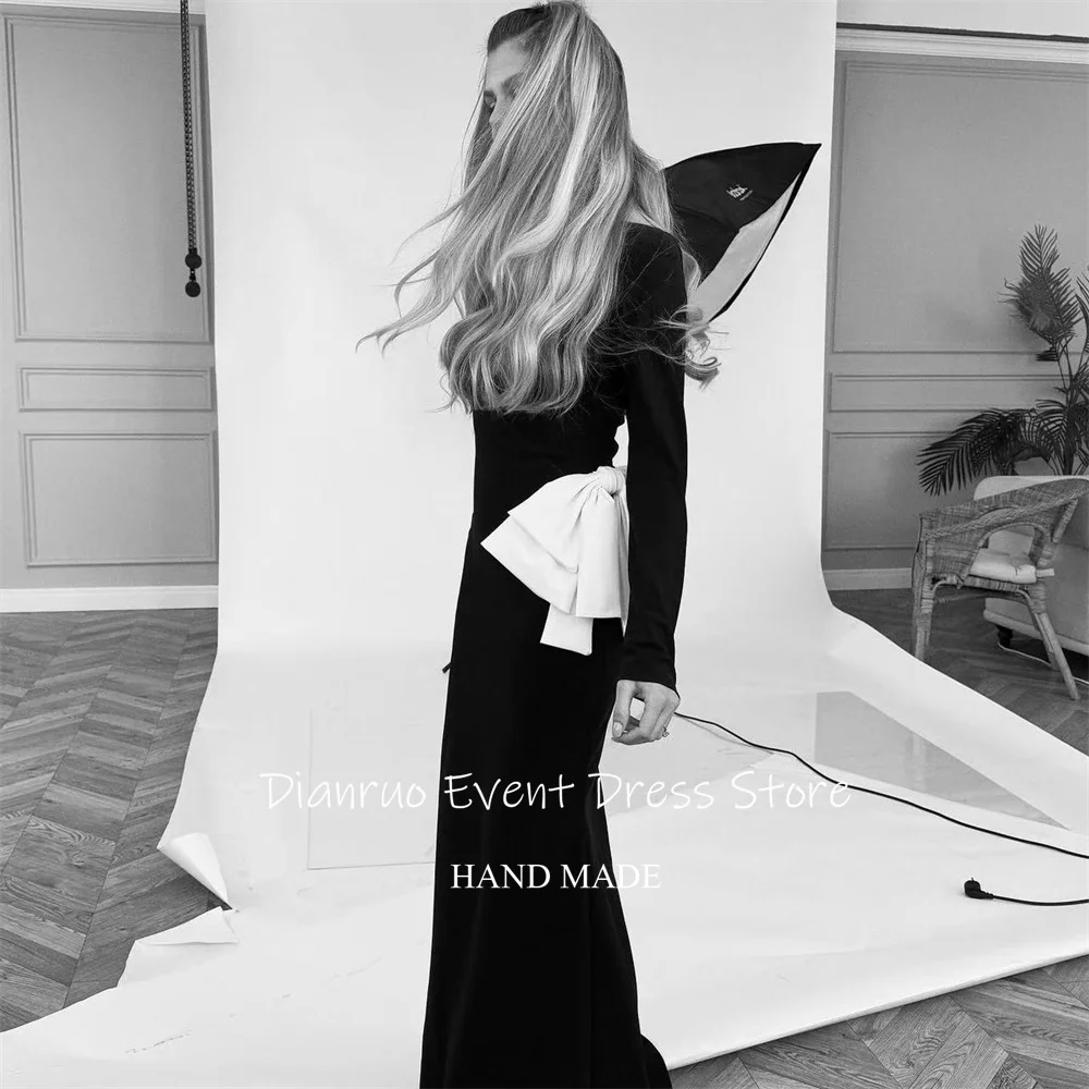 Dianruo Элегантные черные атласные вечерние платья Длинные платья с круглым вырезом Robes De Soirée Русалка с бантом Vestido De Fiesta по индивидуальному заказу