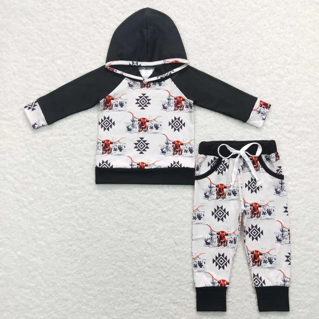 

wholesale baby boys clothes children's clothing hot sale aztec Geometric Alpine Cow Head Rice black hooded long sleeve pant suit