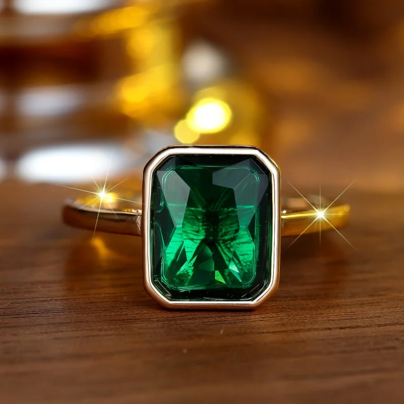 European and American Retro Octagonal Rectangular Emerald Zircon Ring, Extremely Simple Plain Circle Commuting White Accessory