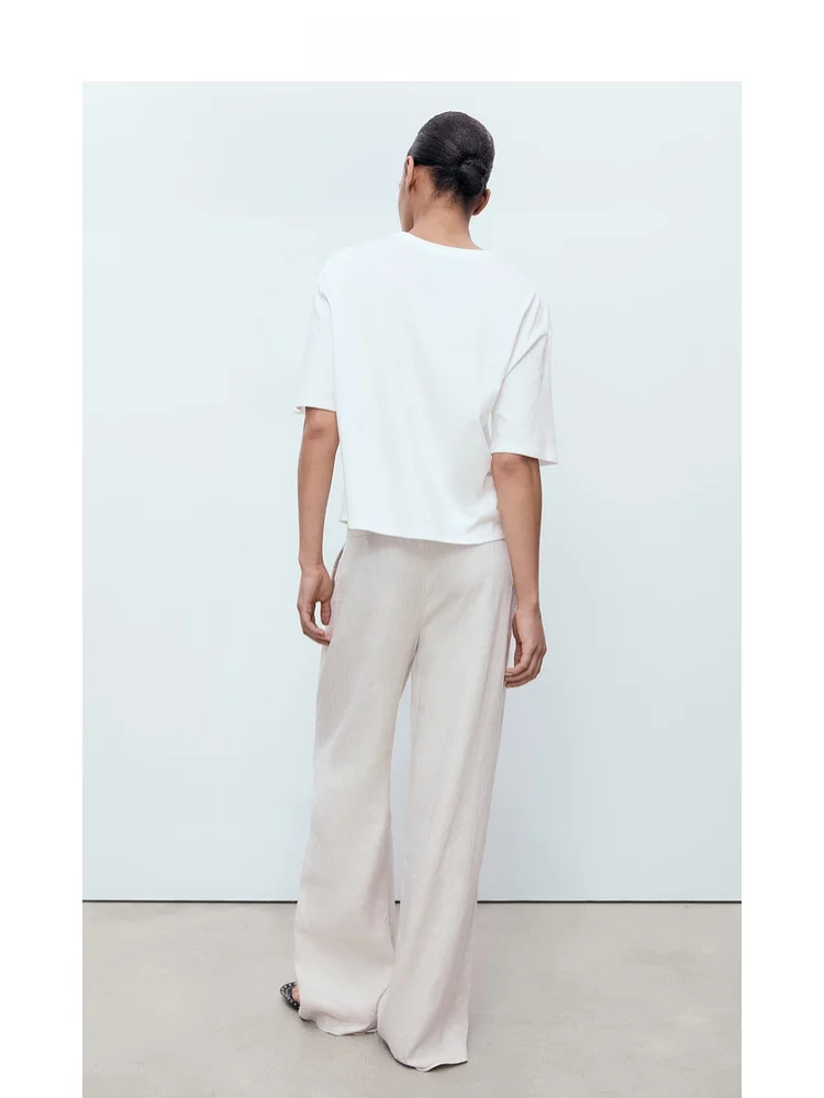 Mango Women's Cotton T-irt round Ne ort Sve Embroidered Print Casual Top Summer Faion Ladies' Clothing